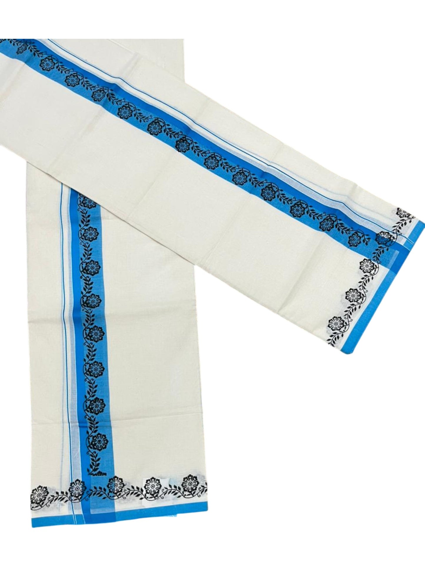 Southloom Kerala Mulloth Cotton Single Mundum Neriyathum with Digital Prints in Blue 2.80 Mtrs SL378
