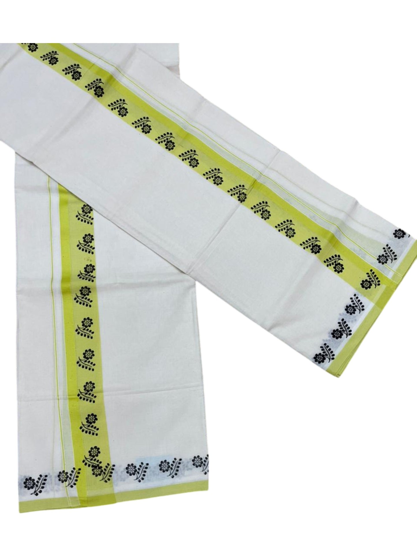 Southloom Kerala Mulloth Cotton Single Mundum Neriyathum with Digital Prints in Green 2.80 Mtrs SL378