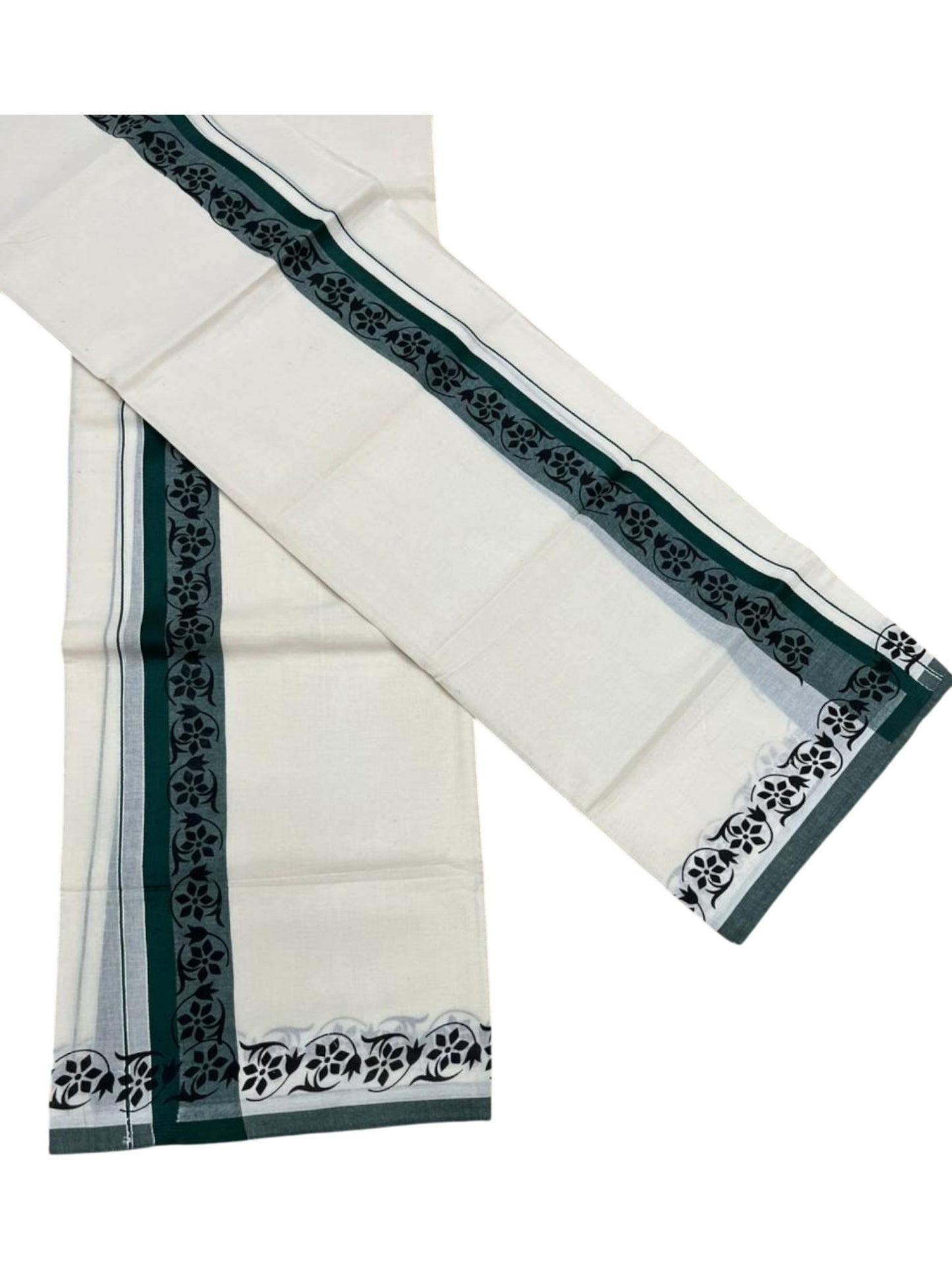 Southloom Kerala Mulloth Cotton Single Mundum Neriyathum with Digital Prints in Green 2.80 Mtrs SL378