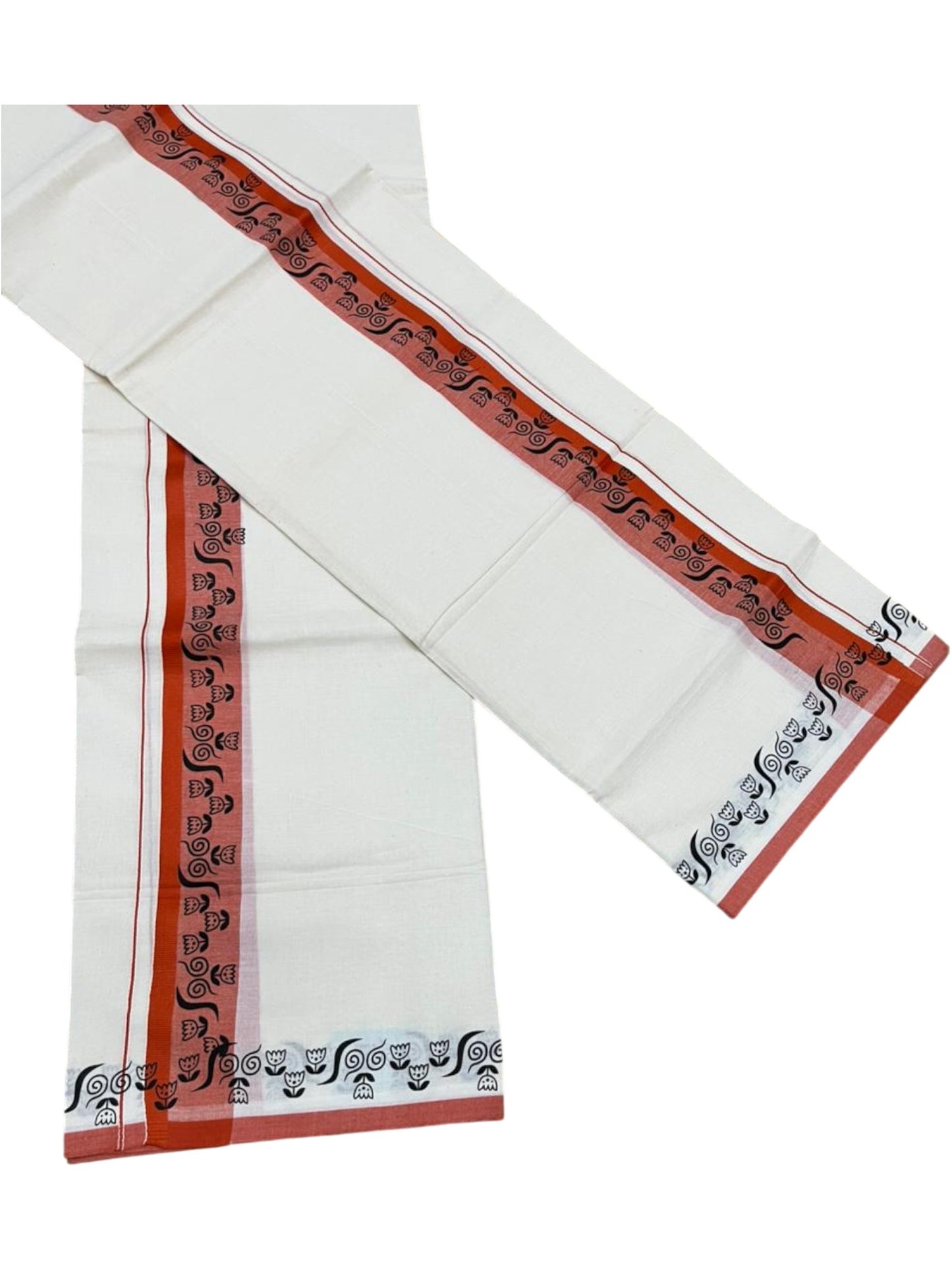 Southloom Kerala Mulloth Cotton Single Mundum Neriyathum with Digital Prints in Orange 2.80 Mtrs SL378