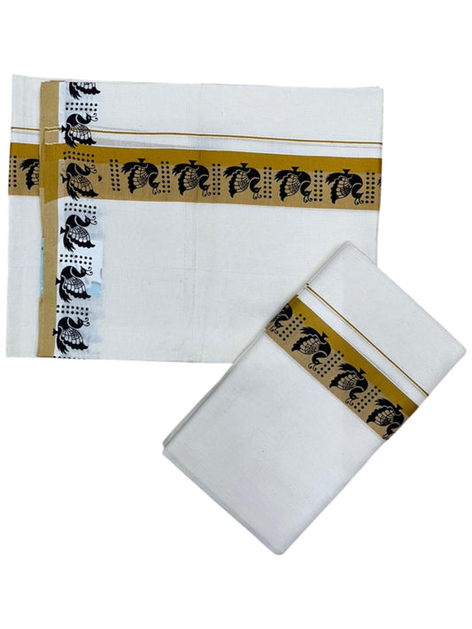 Southloom Kerala Mulloth Cotton Single Mundum Neriyathum with Digital Prints in Mustard Yellow 2.80 Mtrs SL378
