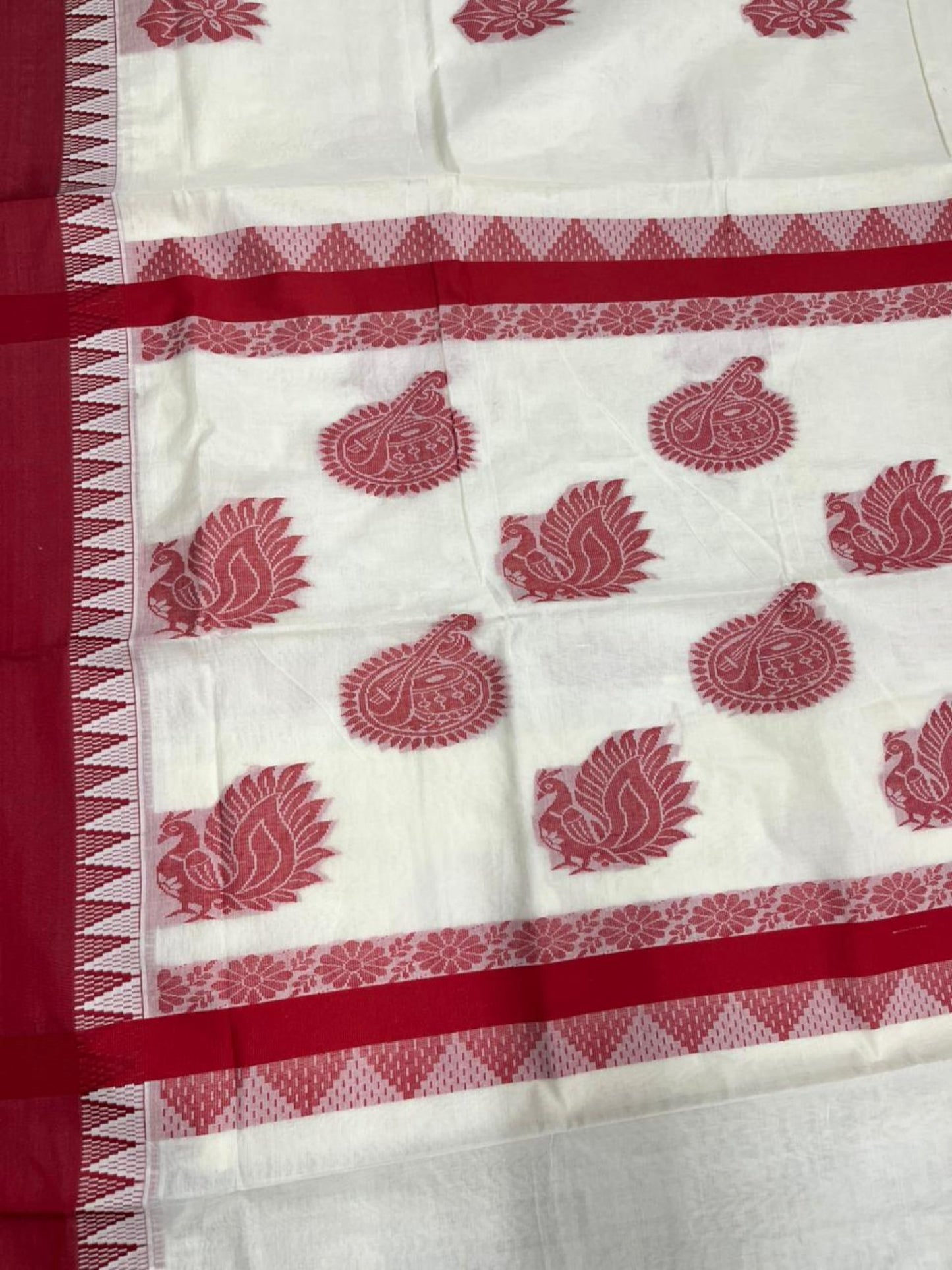 Pure Cotton Kerala Saree with Red Heavy Woven Designs and Temple Border