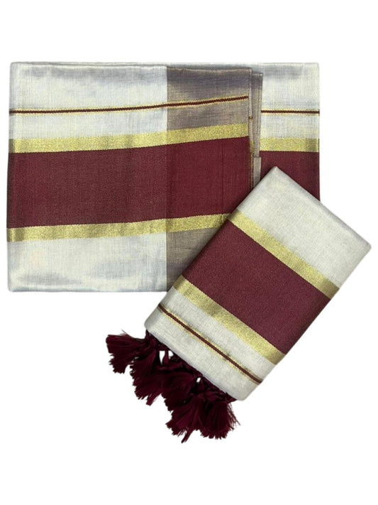 Southloom Kerala Tissue Kasavu Set Mundu (Mundum Neriyathum) with Maroon Border Tassels on Pallu in 2.80 Mtrs SL381