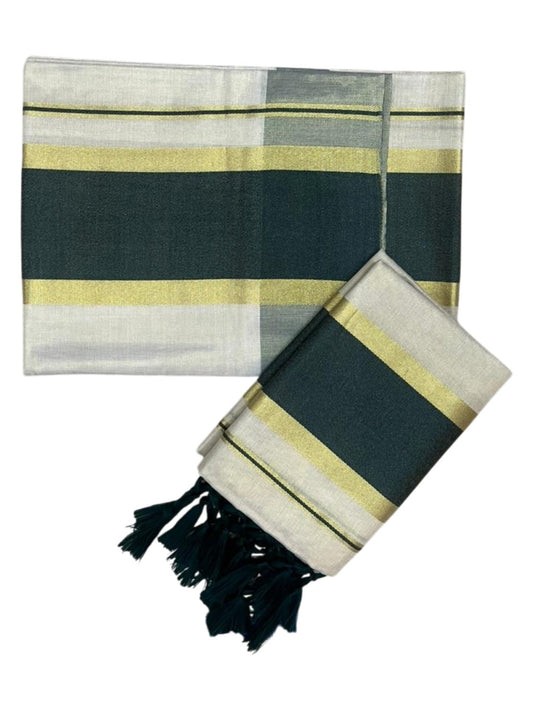 Southloom Kerala Tissue Kasavu Set Mundu (Mundum Neriyathum) with Green Border Tassels on Pallu in 2.80 Mtrs SL381