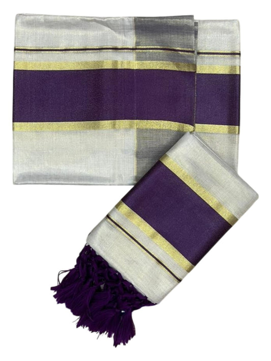 Southloom Kerala Tissue Kasavu Set Mundu (Mundum Neriyathum) with Purple Border Tassels on Pallu in 2.80 Mtrs SL381