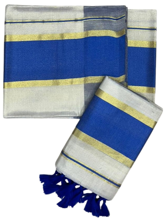 Southloom Kerala Tissue Kasavu Set Mundu (Mundum Neriyathum) with Blue Border Tassels on Pallu in 2.80 Mtrs SL381
