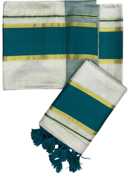 Southloom Kerala Tissue Kasavu Set Mundu (Mundum Neriyathum) with Peacock Green Border Tassels on Pallu in 2.80 Mtrs SL381