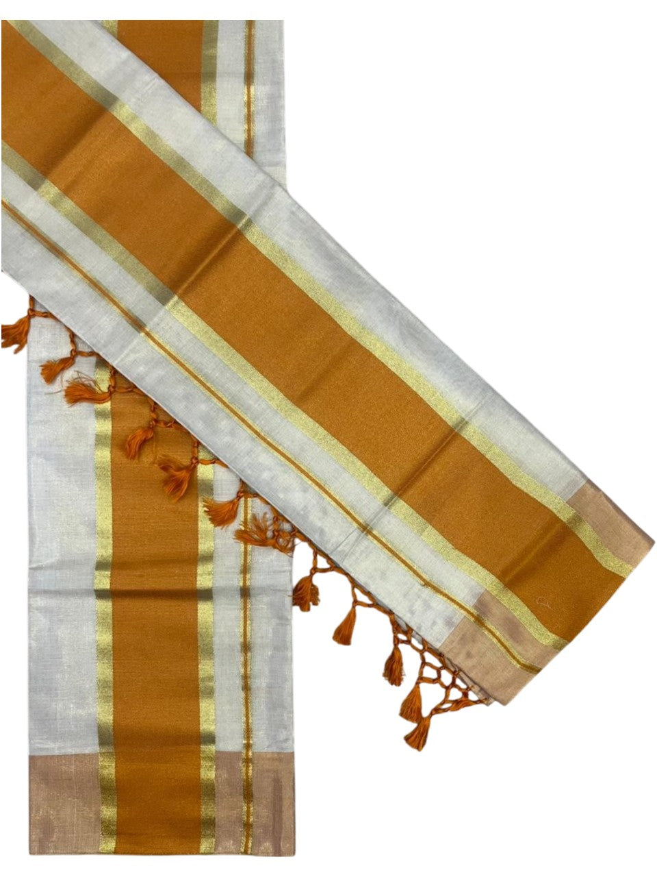 Southloom Kerala Tissue Kasavu Set Mundu (Mundum Neriyathum) with Mustard Yellow Border Tassels on Pallu in 2.80 Mtrs SL381