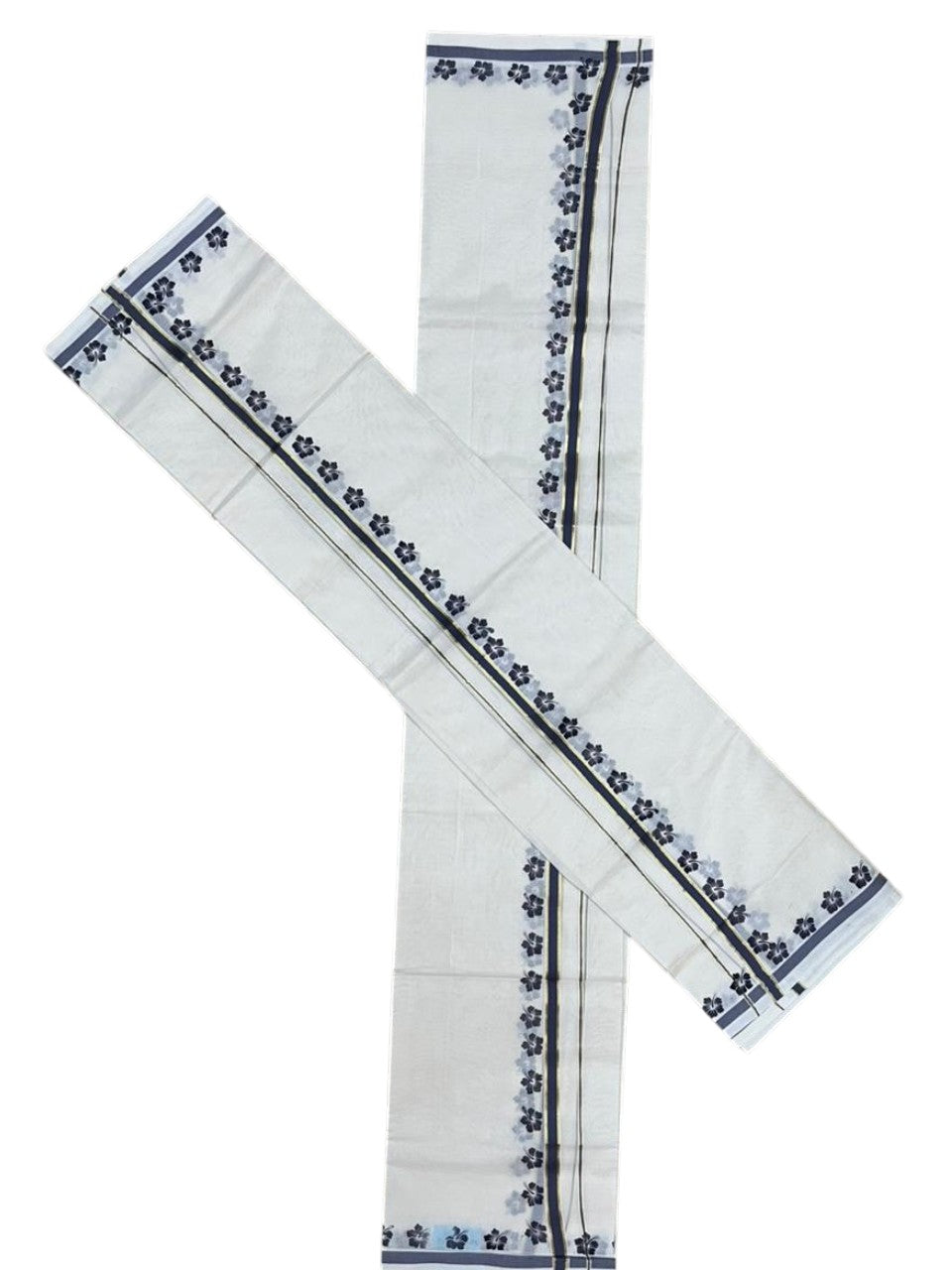Southloom Pure Cotton Kerala Single Set Mundu (Mundum Neriyathum) with Digital Prints in Grey 2.80 Mtrs SL382