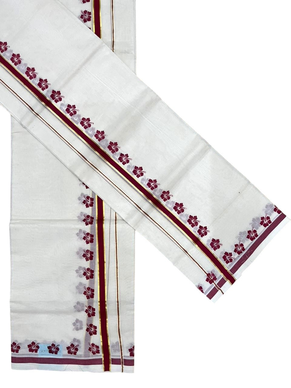 Southloom Pure Cotton Kerala Single Set Mundu (Mundum Neriyathum) with Digital Prints in Maroon 2.80 Mtrs SL382