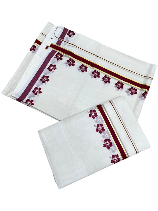 Southloom Pure Cotton Kerala Single Set Mundu (Mundum Neriyathum) with Digital Prints in Maroon 2.80 Mtrs SL382