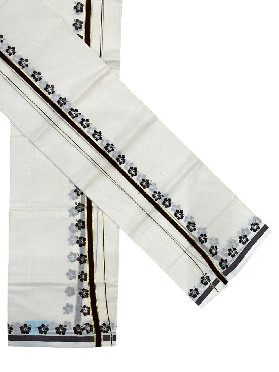 Southloom Pure Cotton Kerala Single Set Mundu (Mundum Neriyathum) with Digital Prints in Brown 2.80 Mtrs SL382