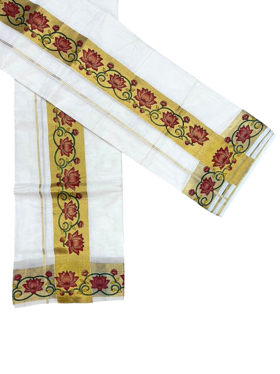 Southloom Pure Cotton Set Mundu with Gold Kasavu and Floral Digital Print in 2.80 Mtrs SL383