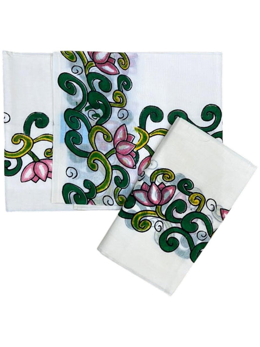 Southloom Cotton Single Set Mundu (Mundu Neriyathum) With Floral Print in 2.80 Mtrs With Green SL389