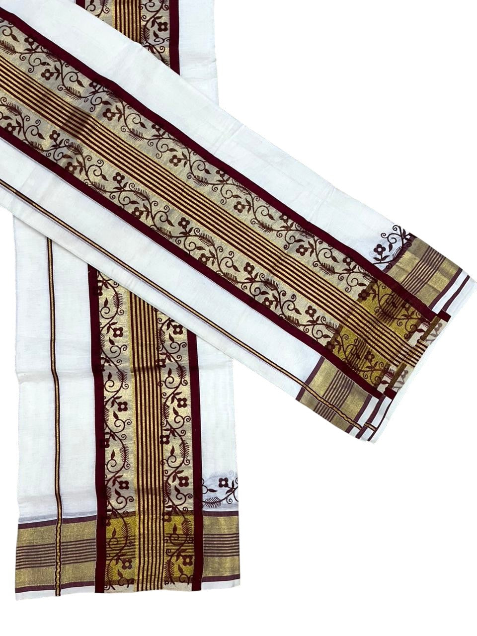 Southloom Cotton Single Set Mundu (Mundu Neriyathum) With Gold Kasvu And Floral Design in Maroon 2.80 Mtrs SL390
