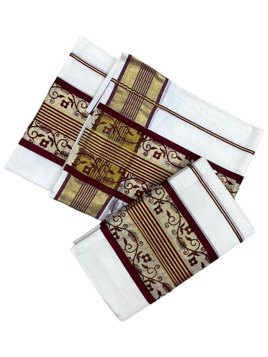 Southloom Cotton Single Set Mundu (Mundu Neriyathum) With Gold Kasvu And Floral Design in Maroon 2.80 Mtrs SL390