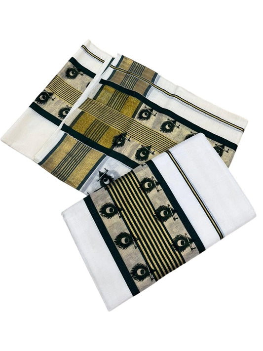Southloom Cotton Single Set Mundu (Mundu Neriyathum) With Gold Kasvu And Peacock Design in Green 2.80 Mtrs SL390
