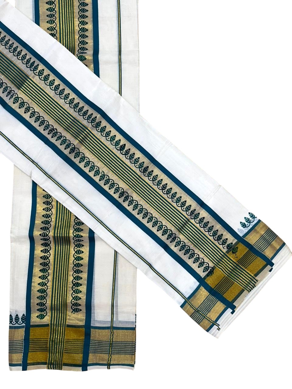 Southloom Cotton Single Set Mundu (Mundu Neriyathum) With Gold Kasvu And Peacock Design in Peacock Blue 2.80 Mtrs SL390