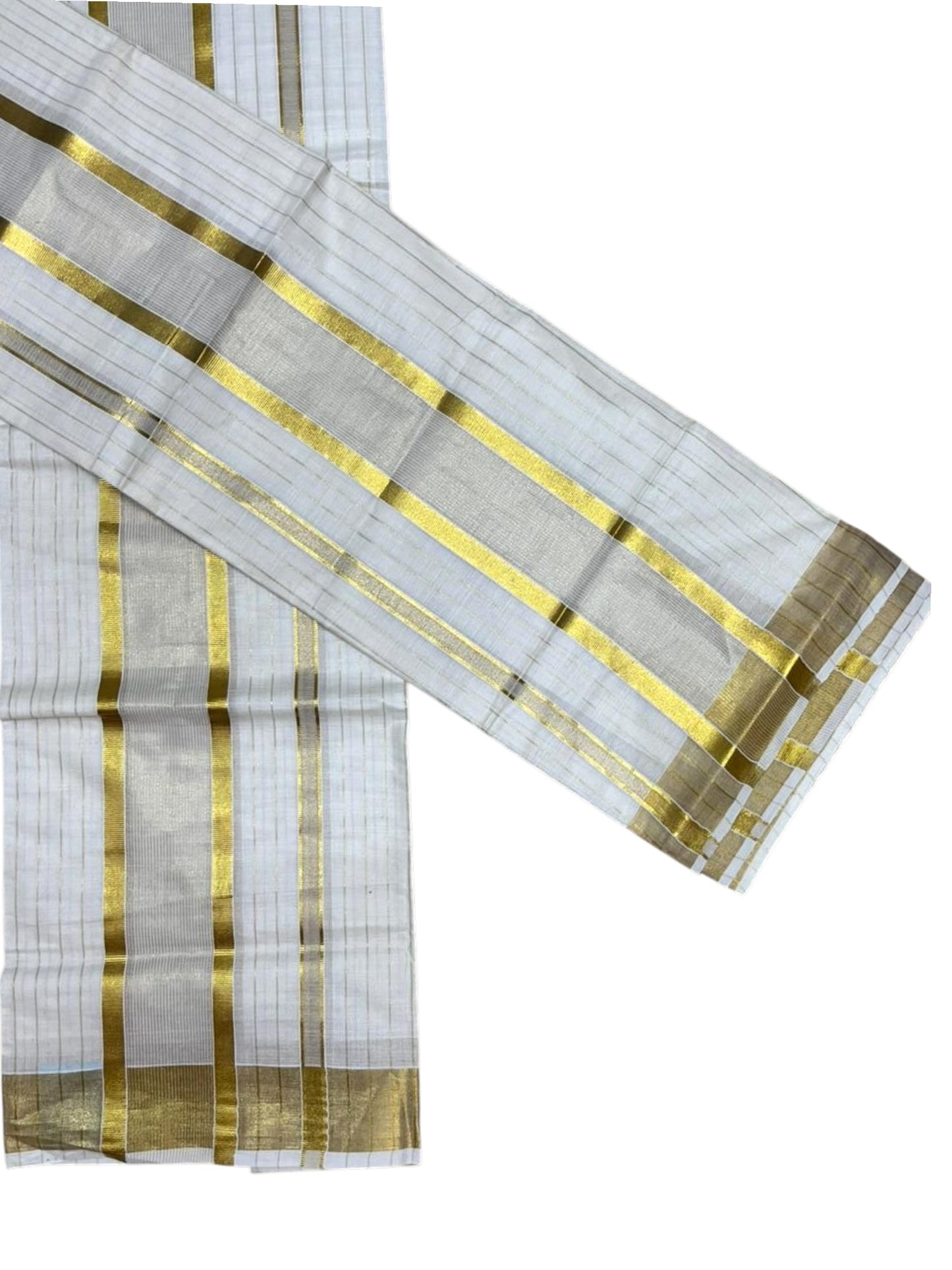 Southloom Pure Cotton Mundum Neriyathum (Set Mundu) with Gold Kasavu Lines Acorss Body in 2.80 Mtrs SL391