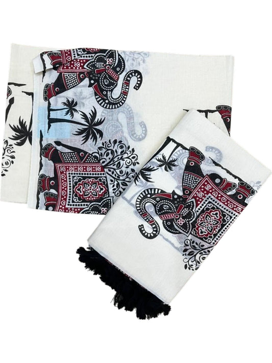 Southloom Cotton Single Set Mundu (Mundu Neriyathum) With Elephant Digital Print With Tussles in Black 2.80 Mtrs SL392