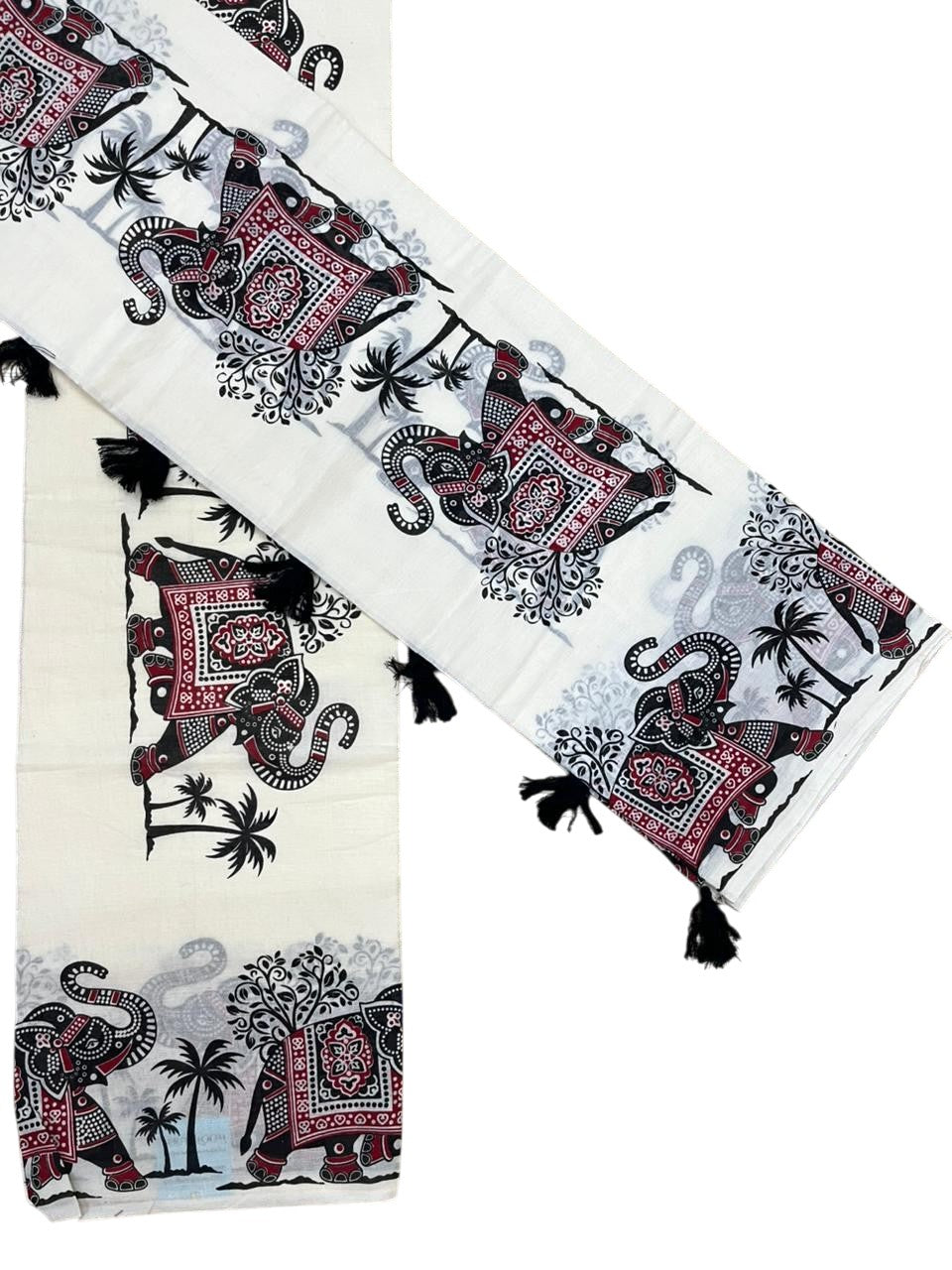 Southloom Cotton Single Set Mundu (Mundu Neriyathum) With Elephant Digital Print With Tussles in Black 2.80 Mtrs SL392