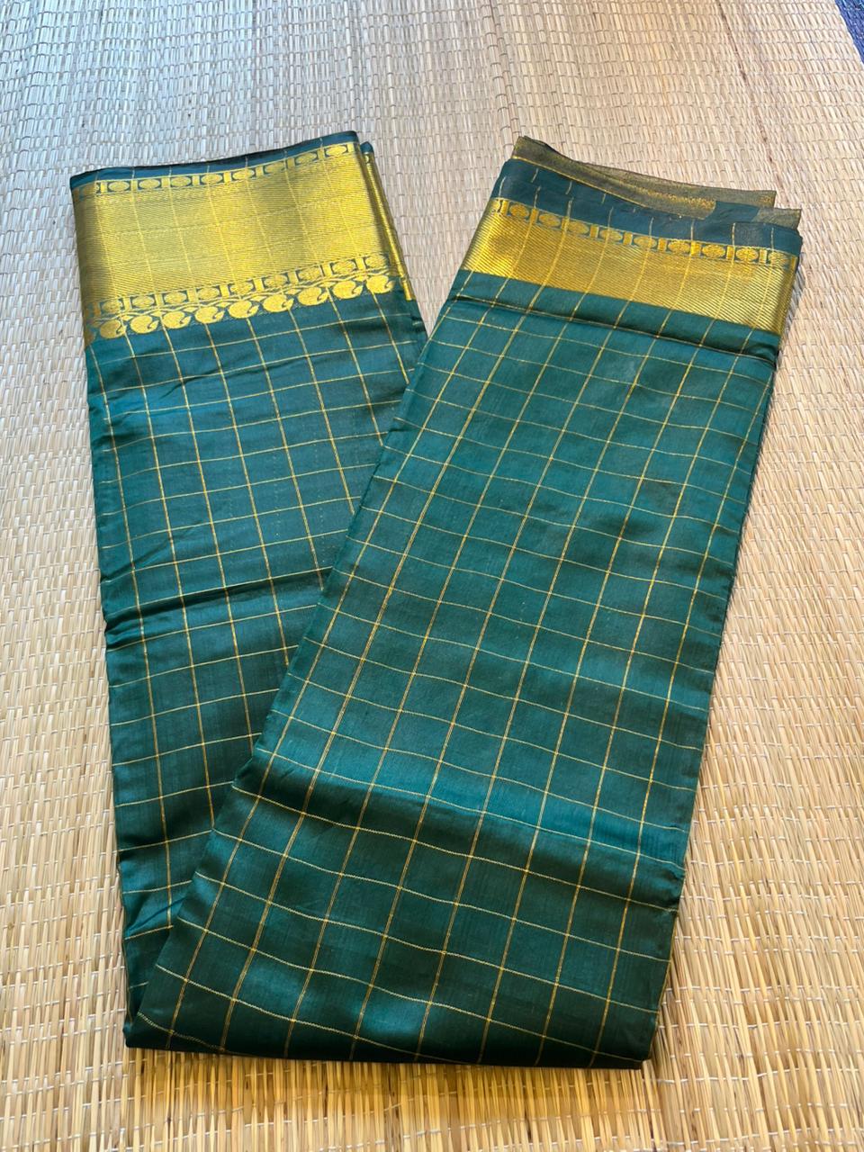 Southloom Semi Silk Saree with Check on Body in Bottle Green SL386