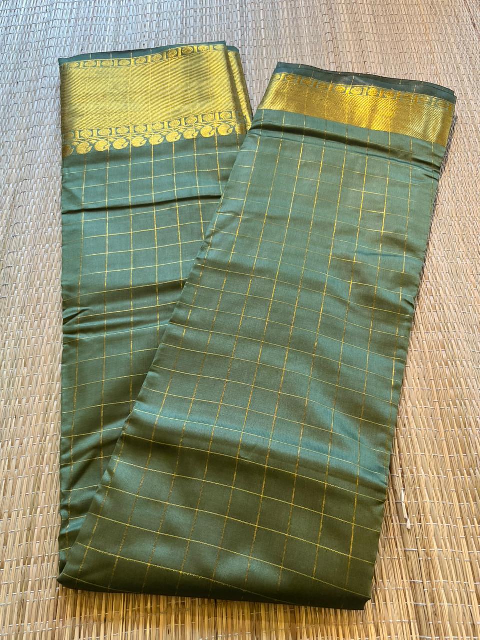 Southloom Semi Silk Saree with Check on Body in Olive Green SL386