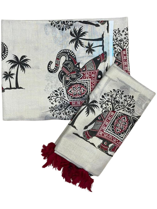 Southloom Tissue Single Set Mundu (Mundu Neriyathum) With Elephant Digital Print With Tussles in Red 2.80 Mtrs SL392