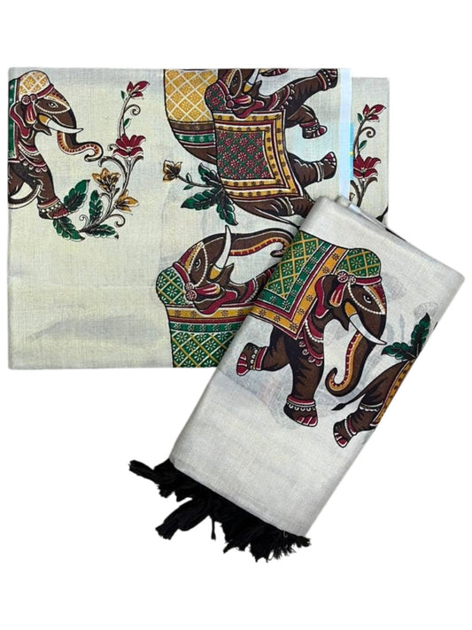 Southloom Tissue Single Set Mundu (Mundu Neriyathum) With Elephant Digital Print With Tussles in Brown 2.80 Mtrs SL392