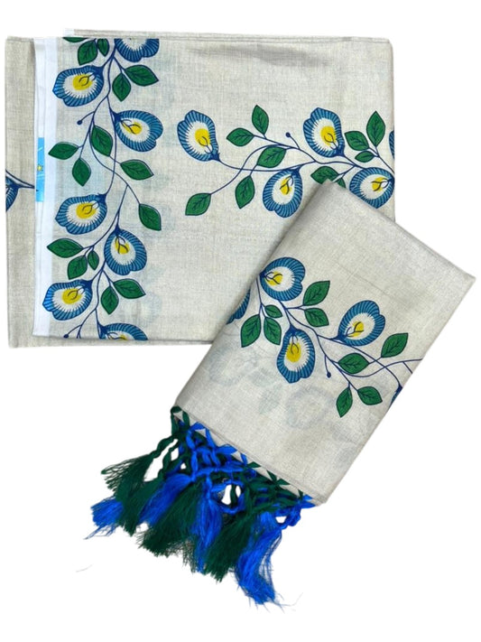 Southloom Tissue Single Set Mundu (Mundu Neriyathum) With Digital Floral Print in Blue and Green 2.80 Mtrs SL318
