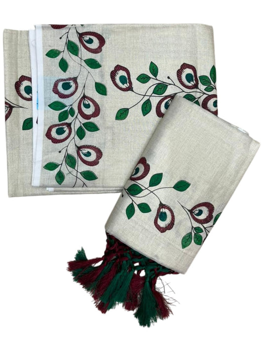 Southloom Tissue Single Set Mundu (Mundu Neriyathum) With Digital Floral Print in Maroon and Green 2.80 Mtrs SL318