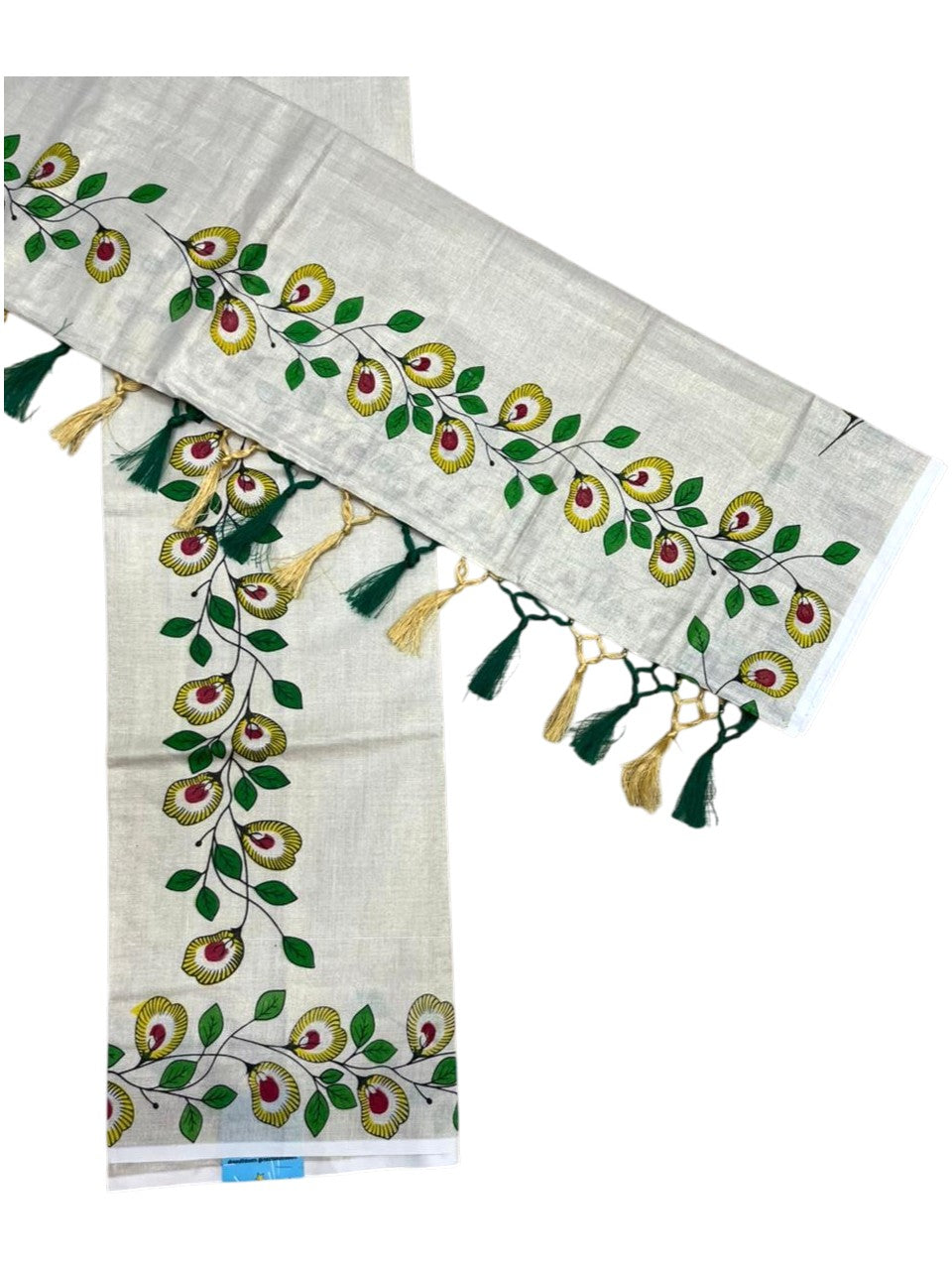 Southloom Tissue Single Set Mundu (Mundu Neriyathum) With Digital Floral Print in Yellow and Green 2.80 Mtrs SL318