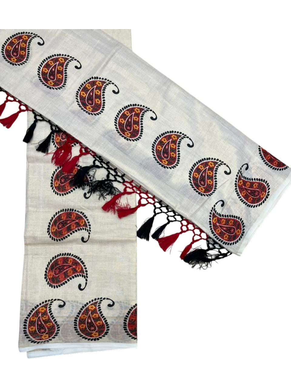 Southloom Tissue Single Set Mundu (Mundu Neriyathum) With Digital Floral Print in Red and Black 2.80 Mtrs SL397