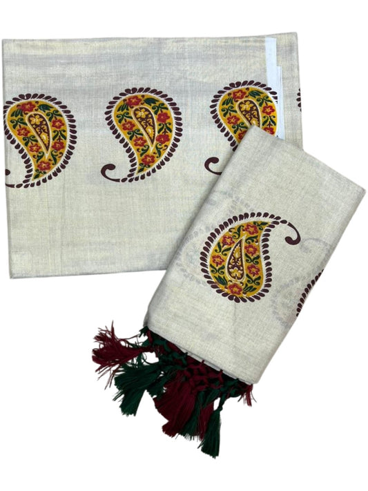 Southloom Tissue Single Set Mundu (Mundu Neriyathum) With Digital Floral Print in Maroon and Green 2.80 Mtrs SL397