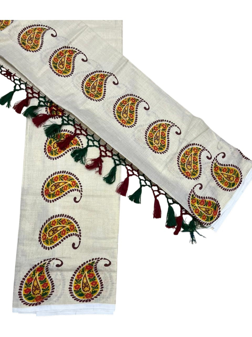Southloom Tissue Single Set Mundu (Mundu Neriyathum) With Digital Floral Print in Maroon and Green 2.80 Mtrs SL397