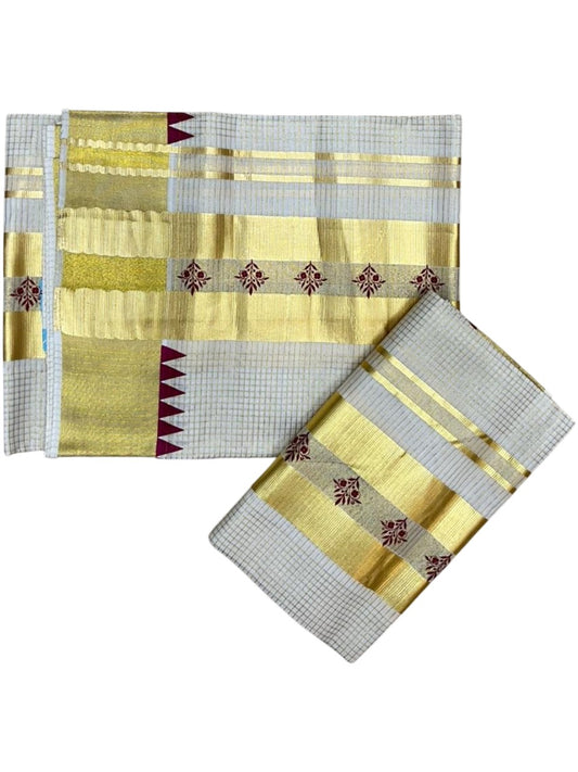 Southloom Pure Cotton Set Mundu with Gold Kasavu Micro Check Across Body in Maroon SL398