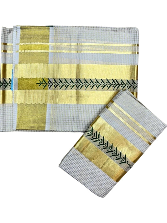 Southloom Pure Cotton Set Mundu with Gold Kasavu Micro Check Across Body in Green SL398