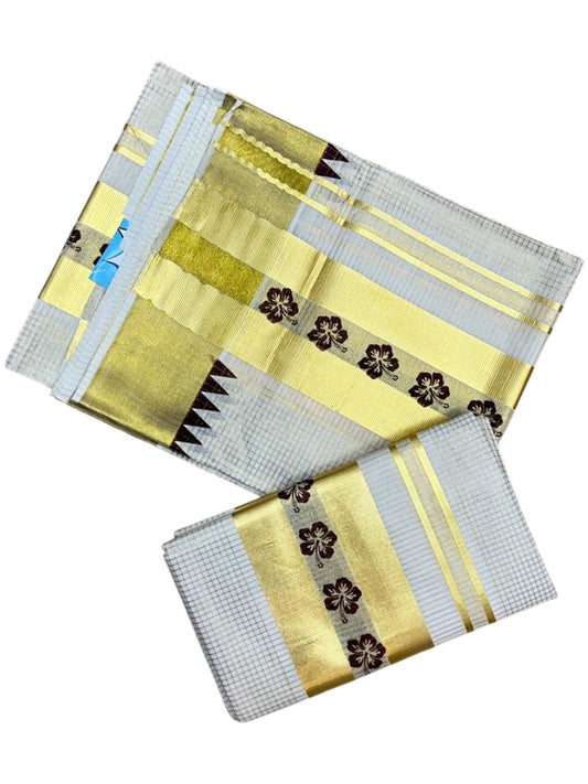 Southloom Pure Cotton Set Mundu with Gold Kasavu Micro Check Across Body in Brown SL398