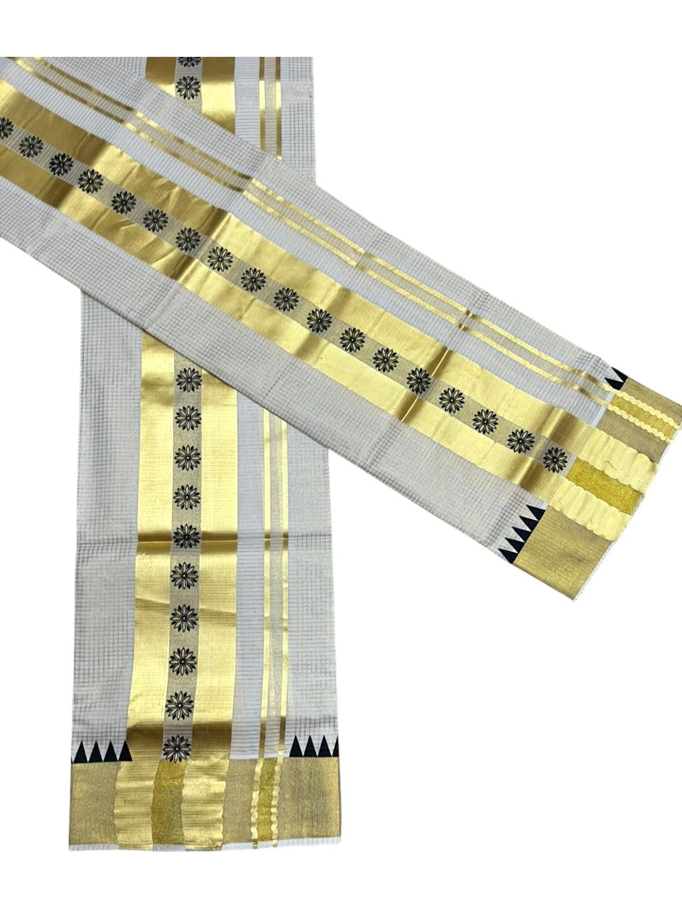 Southloom Pure Cotton Set Mundu with Gold Kasavu Micro Check Across Body in Black SL398