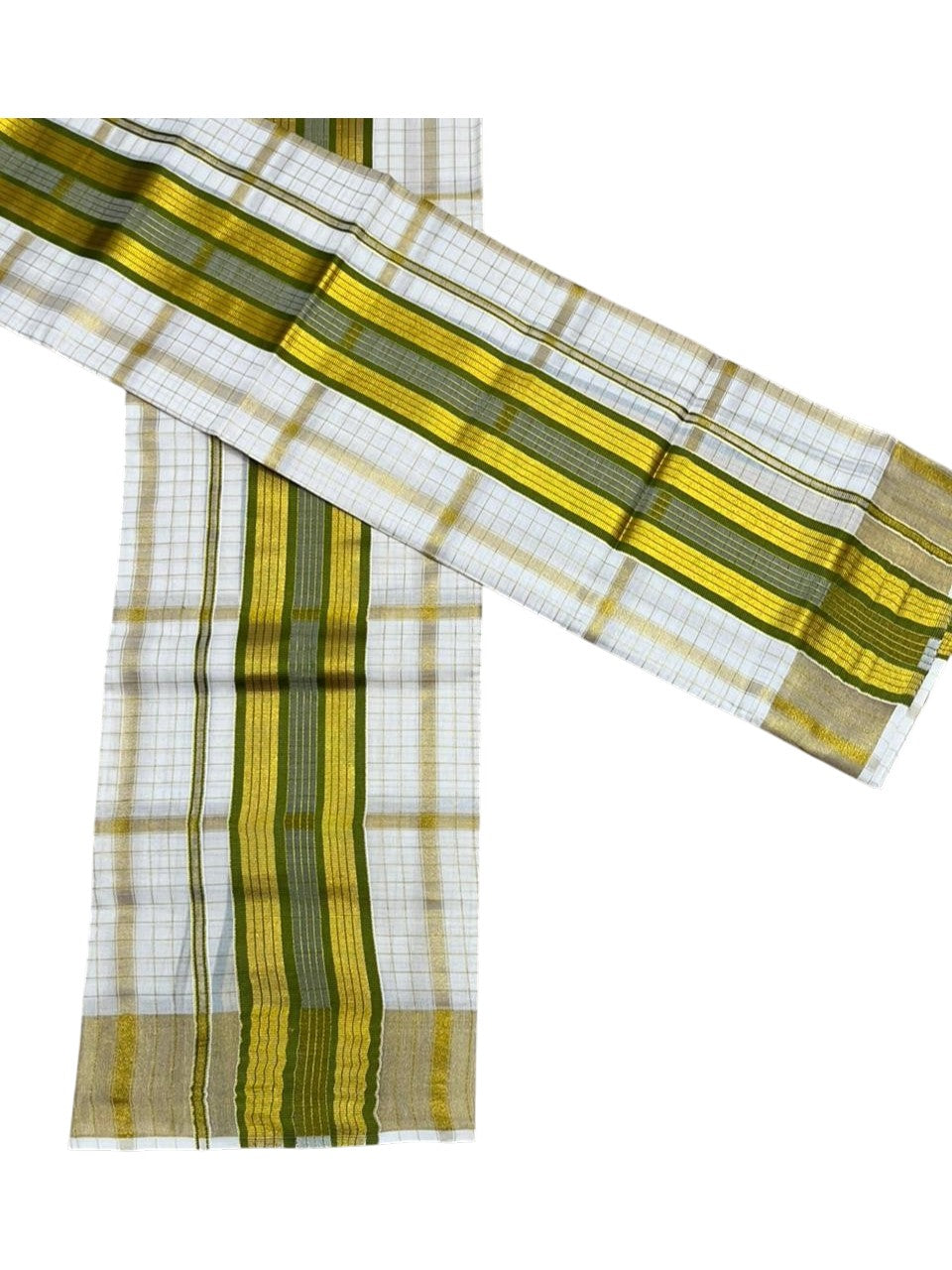 Southloom Pure Cotton Set Mundu with Gold Kasavu Check Across Body in Olive Green SL399