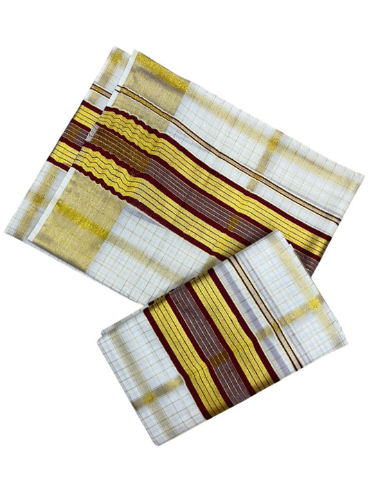 Southloom Pure Cotton Set Mundu with Gold Kasavu Check Across Body in Maroon SL399