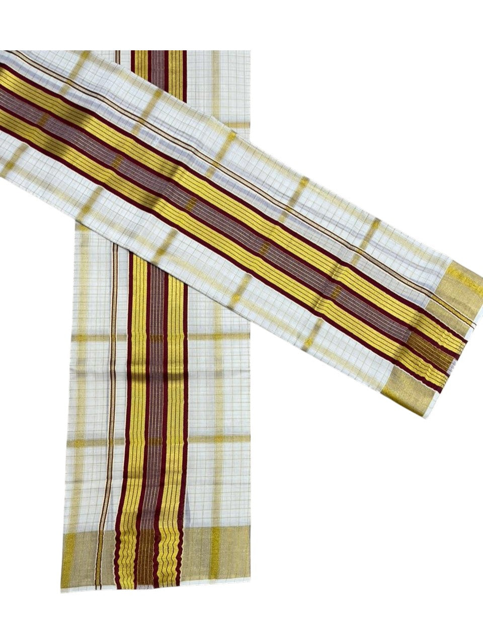 Southloom Pure Cotton Set Mundu with Gold Kasavu Check Across Body in Maroon SL399