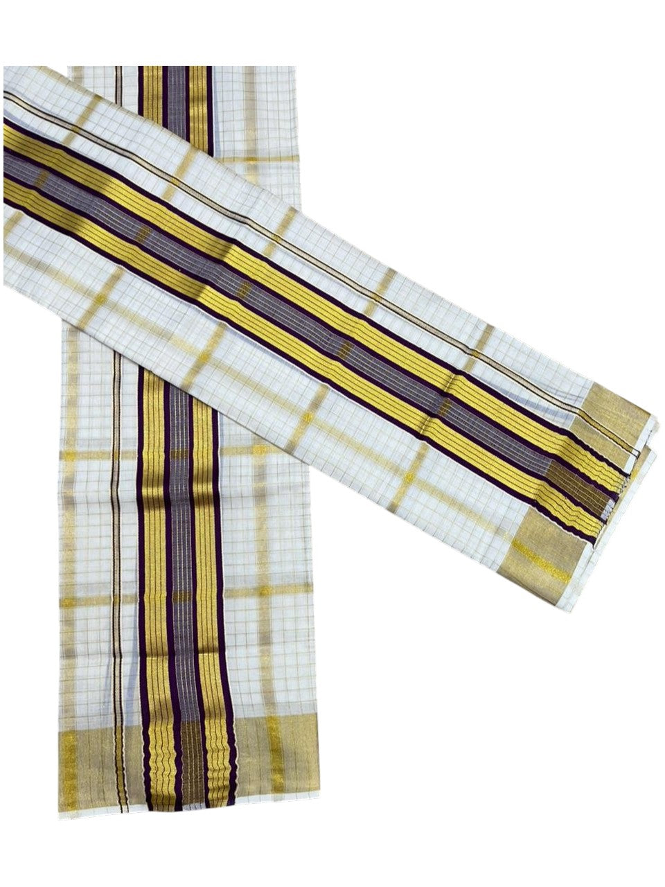 Southloom Pure Cotton Set Mundu with Gold Kasavu Check Across Body in Purple SL399