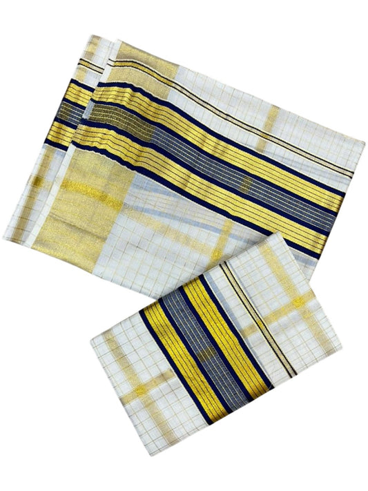 Southloom Pure Cotton Set Mundu with Gold Kasavu Check Across Body in Blue SL399