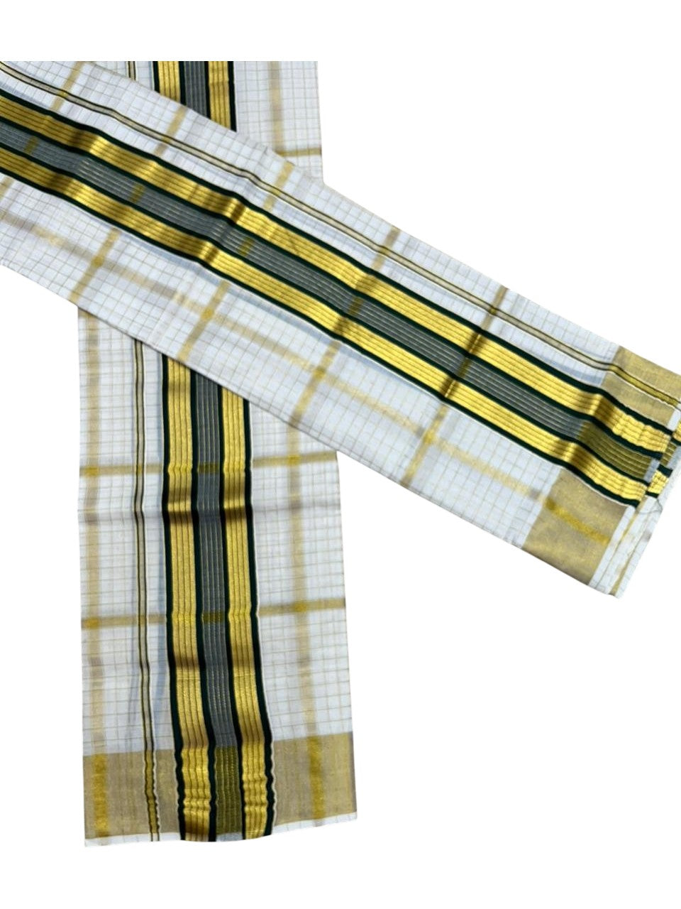 Southloom Pure Cotton Set Mundu with Gold Kasavu Check Across Body in Green SL399