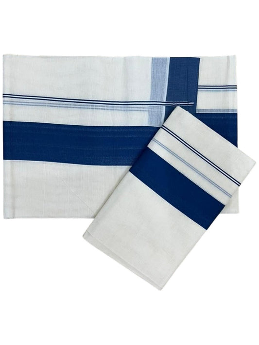 Southloom Kerala Cotton Mundum Neriyathum Single (Set Mundu) with Katti Kara in Blue 2.80 Mtrs SL004