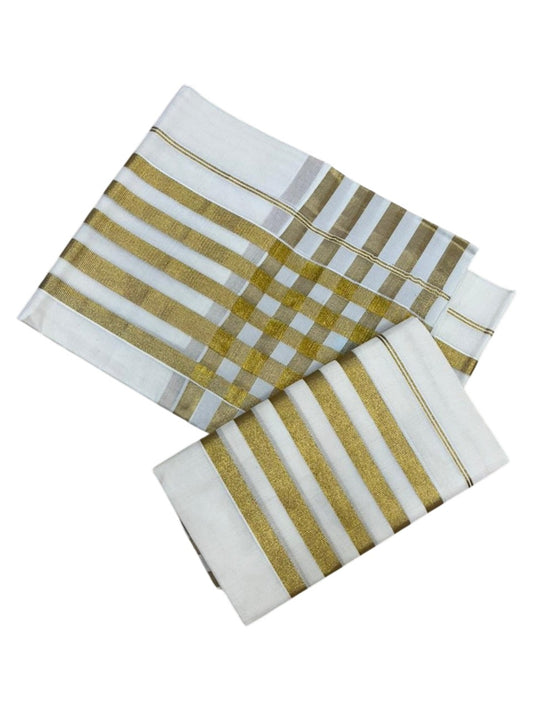 Kerala Cotton Plain Single Set Mundu (Mundum Neriyathum) with Golden Stripes on Border in 2.80 Mtrs SL400
