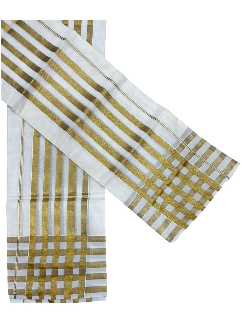 Kerala Cotton Plain Single Set Mundu (Mundum Neriyathum) with Golden Stripes on Border in 2.80 Mtrs SL400