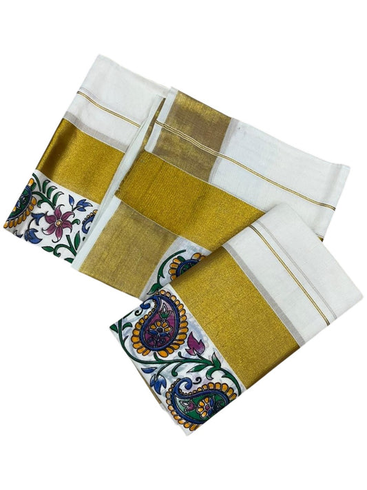 Southloom Pure Cotton Set Mundu with Gold Kasavu and Floral Digital Print in Blue 2.80 Mtrs SL383