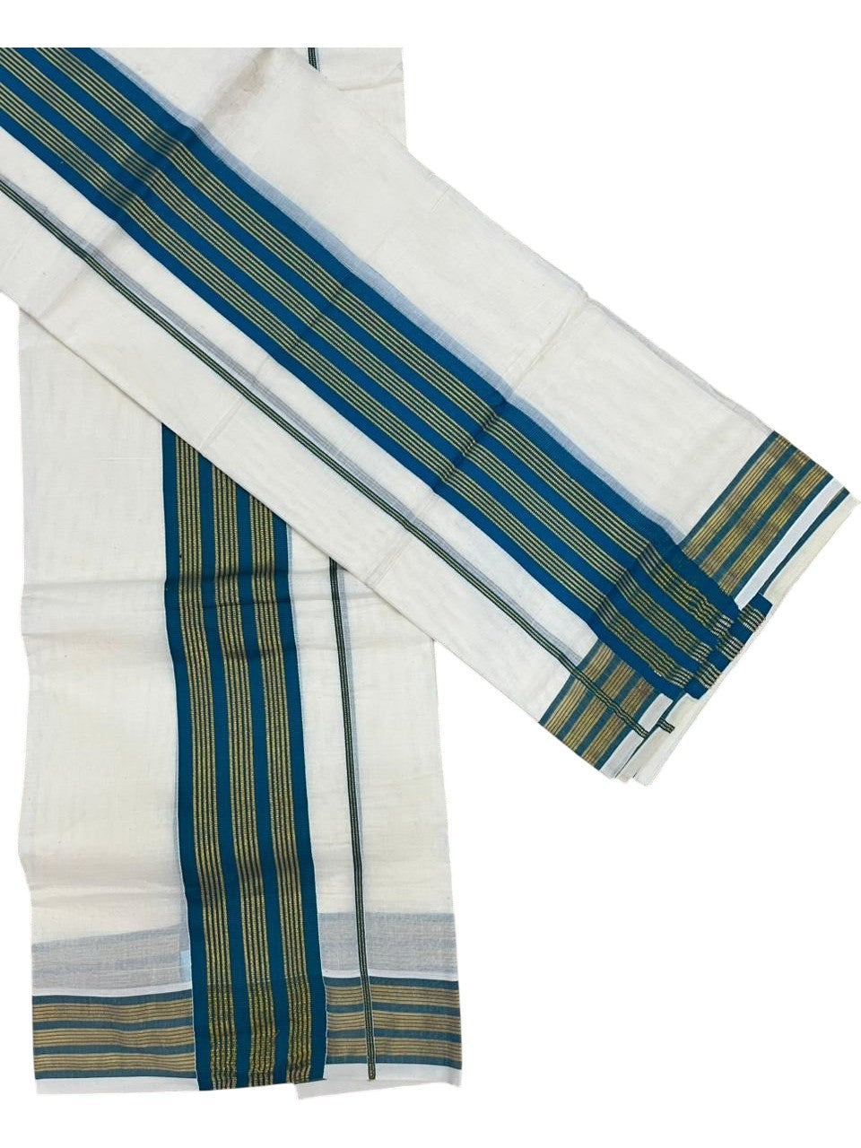 Southloom Pure Cotton Set Mundu with Gold Kasavu and Peacock Green Border in 2.80 Mtrs